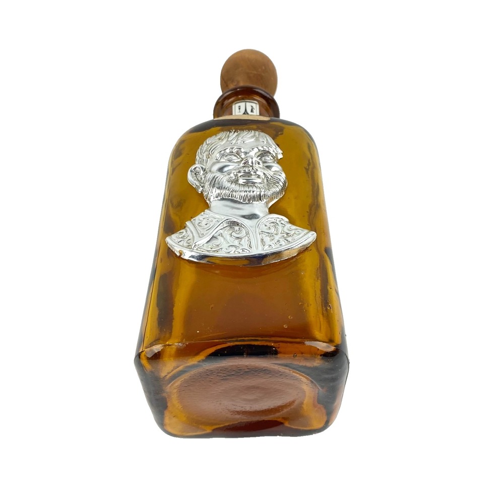 Amber Liquor Bottle of Sancho Panza Wood Cork Top Empty Nickel Silver Relief 12" - Picture 9 of 9
